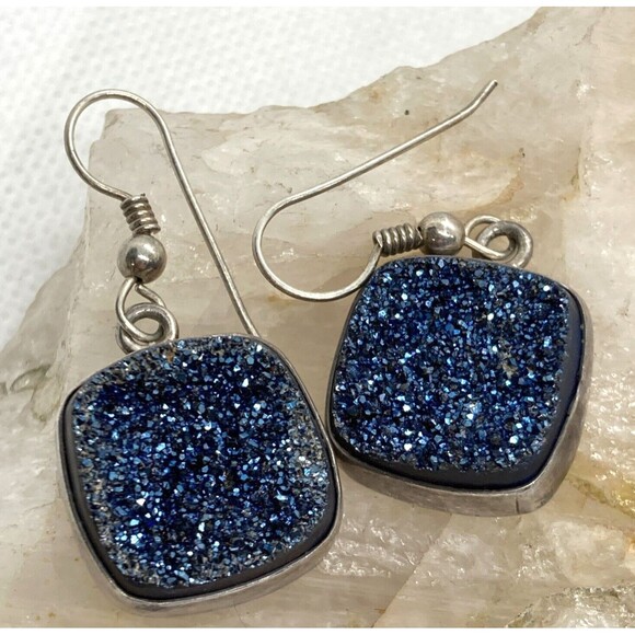 GG Vincent‎ Drusy Quartz Dangle Drop Earrings Sterling 925 Silver 6.5g Bohemian - Picture 1 of 8